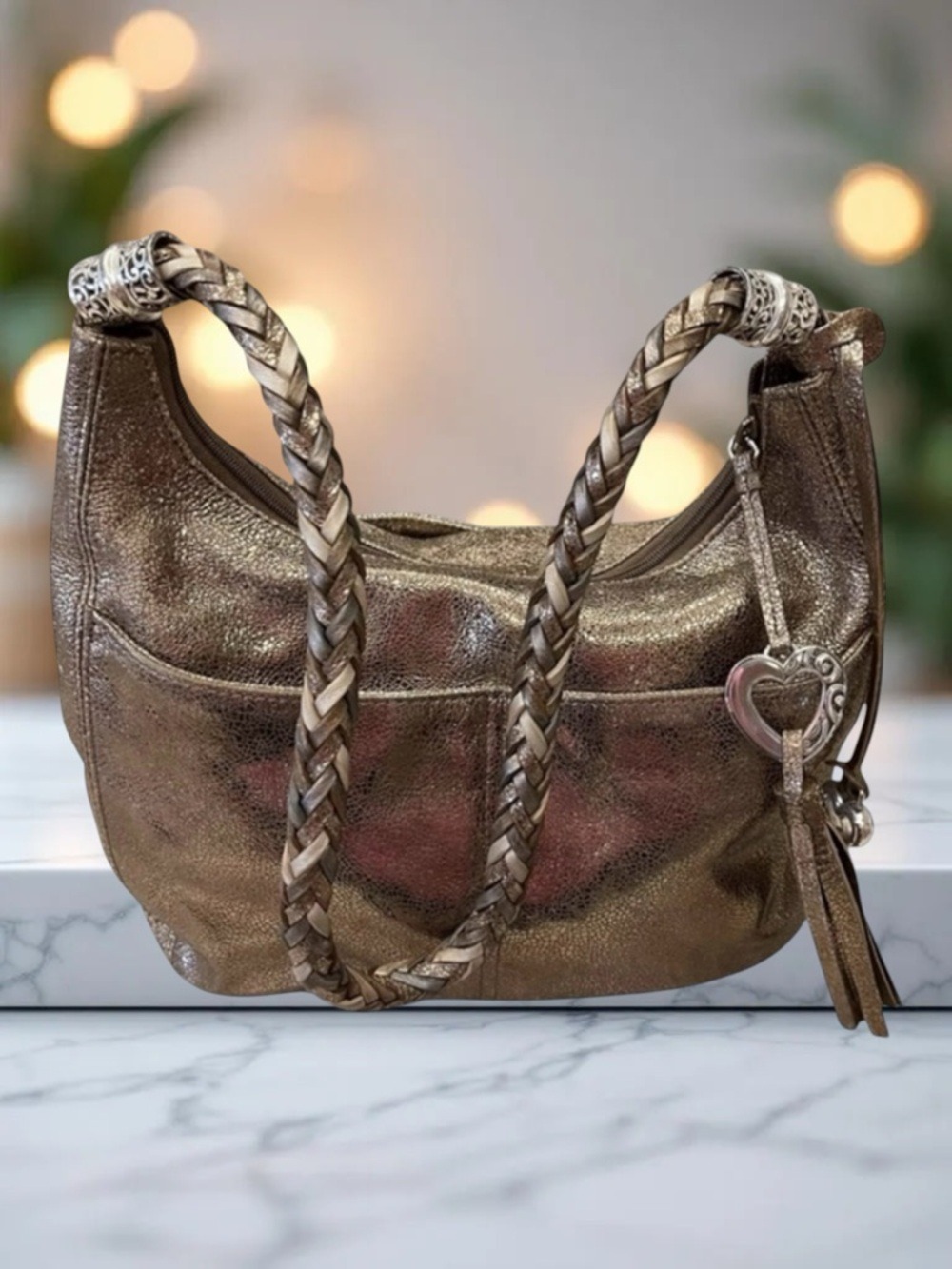 Brighton Barbados Shiny Gold Leather Hobo Shoulder Handbag In Box w/Dust Bag